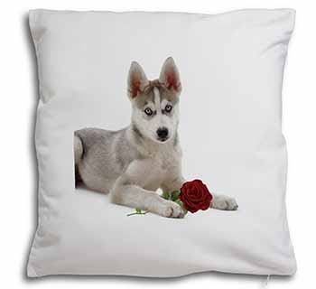 Siberian Husky with Red Rose Soft White Velvet Feel Scatter Cushion