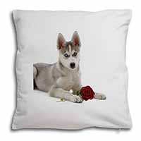 Siberian Husky with Red Rose Soft White Velvet Feel Scatter Cushion