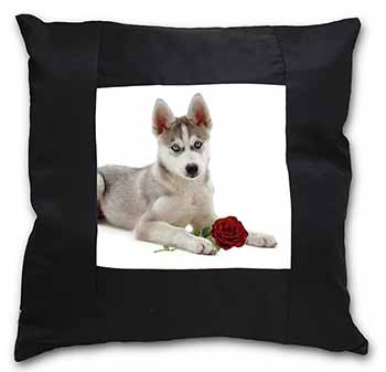 Siberian Husky with Red Rose Black Satin Feel Scatter Cushion