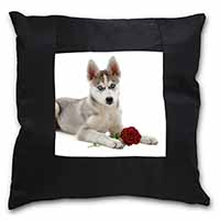 Siberian Husky with Red Rose Black Satin Feel Scatter Cushion