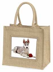 Siberian Husky with Red Rose Natural/Beige Jute Large Shopping Bag