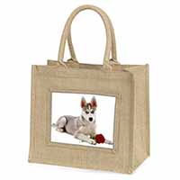 Siberian Husky with Red Rose Natural/Beige Jute Large Shopping Bag