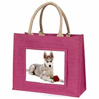 Siberian Husky with Red Rose Large Pink Jute Shopping Bag