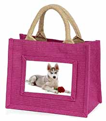 Siberian Husky with Red Rose Little Girls Small Pink Jute Shopping Bag