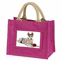 Siberian Husky with Red Rose Little Girls Small Pink Jute Shopping Bag