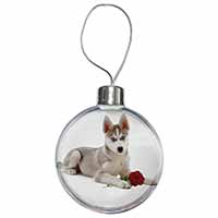 Siberian Husky with Red Rose Christmas Bauble
