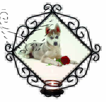Siberian Husky with Red Rose Wrought Iron Wall Art Candle Holder