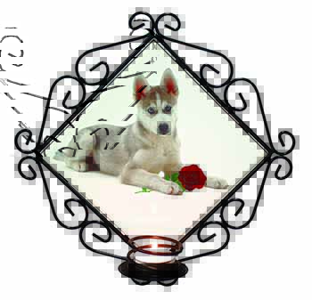 Siberian Husky with Red Rose Wrought Iron Wall Art Candle Holder