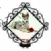 Siberian Husky with Red Rose Wrought Iron Wall Art Candle Holder