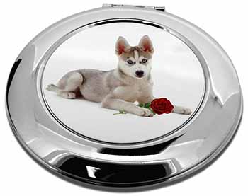 Siberian Husky with Red Rose Make-Up Round Compact Mirror