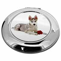 Siberian Husky with Red Rose Make-Up Round Compact Mirror