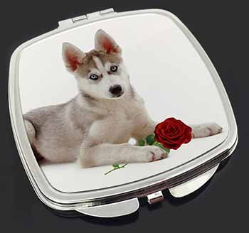 Siberian Husky with Red Rose Make-Up Compact Mirror