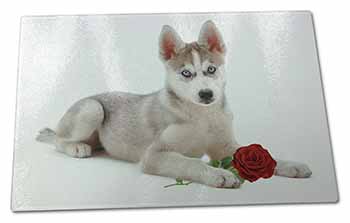Large Glass Cutting Chopping Board Siberian Husky with Red Rose