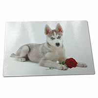 Large Glass Cutting Chopping Board Siberian Husky with Red Rose
