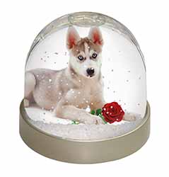 Siberian Husky with Red Rose Snow Globe Photo Waterball