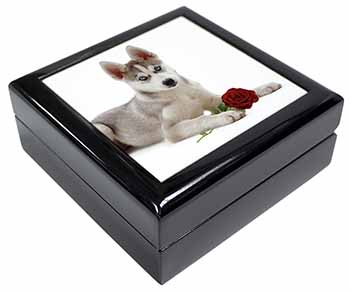 Siberian Husky with Red Rose Keepsake/Jewellery Box