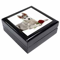 Siberian Husky with Red Rose Keepsake/Jewellery Box