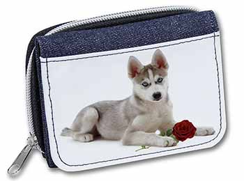 Siberian Husky with Red Rose Unisex Denim Purse Wallet