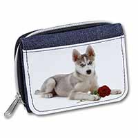 Siberian Husky with Red Rose Unisex Denim Purse Wallet