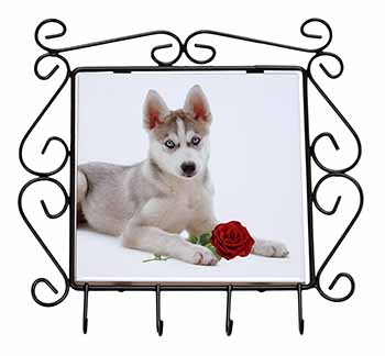 Siberian Husky with Red Rose Wrought Iron Key Holder Hooks