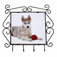 Siberian Husky with Red Rose Wrought Iron Key Holder Hooks