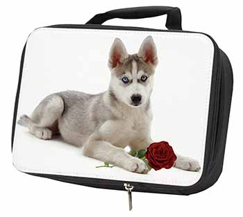 Siberian Husky with Red Rose Black Insulated School Lunch Box/Picnic Bag