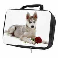 Siberian Husky with Red Rose Black Insulated School Lunch Box/Picnic Bag