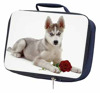 Siberian Husky with Red Rose Navy Insulated School Lunch Box/Picnic Bag