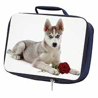 Siberian Husky with Red Rose Navy Insulated School Lunch Box/Picnic Bag