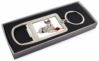 Siberian Husky with Red Rose Chrome Metal Bottle Opener Keyring in Box