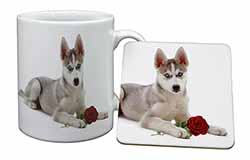 Siberian Husky with Red Rose Mug and Coaster Set