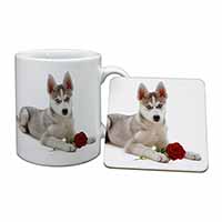 Siberian Husky with Red Rose Mug and Coaster Set