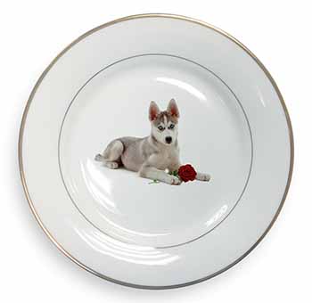Siberian Husky with Red Rose Gold Rim Plate Printed Full Colour in Gift Box