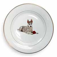 Siberian Husky with Red Rose Gold Rim Plate Printed Full Colour in Gift Box