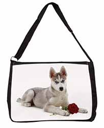 Siberian Husky with Red Rose Large Black Laptop Shoulder Bag School/College