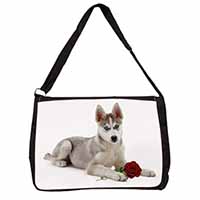 Siberian Husky with Red Rose Large Black Laptop Shoulder Bag School/College