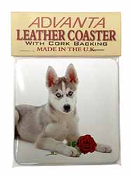 Siberian Husky with Red Rose Single Leather Photo Coaster