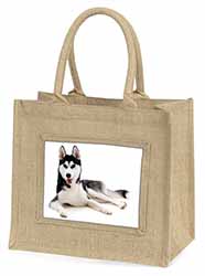 Siberian Husky Dog Natural/Beige Jute Large Shopping Bag