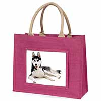 Siberian Husky Dog Large Pink Jute Shopping Bag