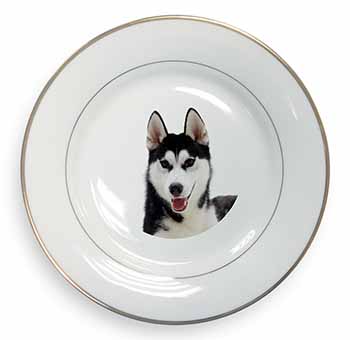 Siberian Husky Dog Gold Rim Plate Printed Full Colour in Gift Box