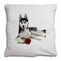Siberian Husky with Red Rose Soft White Velvet Feel Scatter Cushion
