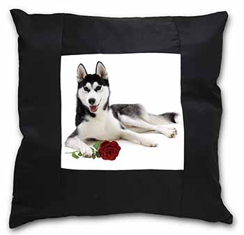 Siberian Husky with Red Rose Black Satin Feel Scatter Cushion