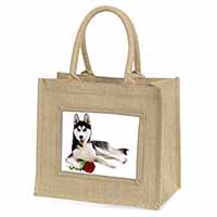Siberian Husky with Red Rose Natural/Beige Jute Large Shopping Bag