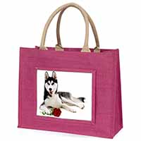 Siberian Husky with Red Rose Large Pink Jute Shopping Bag