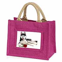 Siberian Husky with Red Rose Little Girls Small Pink Jute Shopping Bag