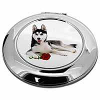 Siberian Husky with Red Rose Make-Up Round Compact Mirror