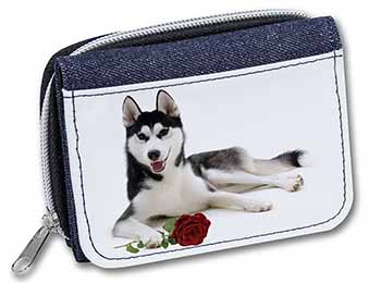 Siberian Husky with Red Rose Unisex Denim Purse Wallet