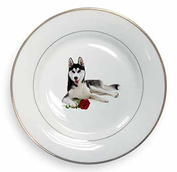 Siberian Husky with Red Rose Gold Rim Plate Printed Full Colour in Gift Box