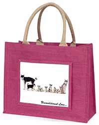 Siberian Husky Family with Love Large Pink Jute Shopping Bag