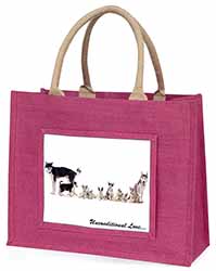 Siberian Husky Family with Love Large Pink Jute Shopping Bag